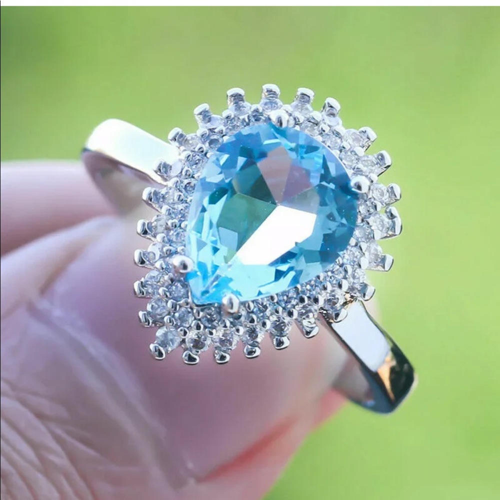925 Silver White Sapphire Women Aquamarine Ring - Picture 4 of 5